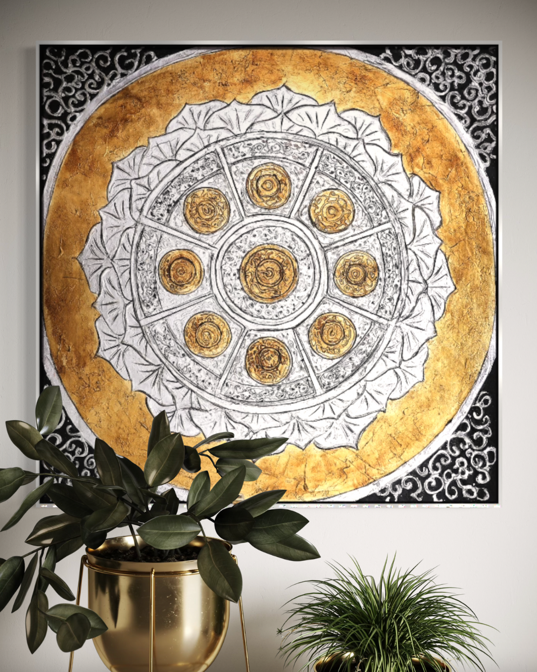 ÓLEO L FIGURATIVO SÍMBOLOS DORADOS Y BLANCOS 120X120
