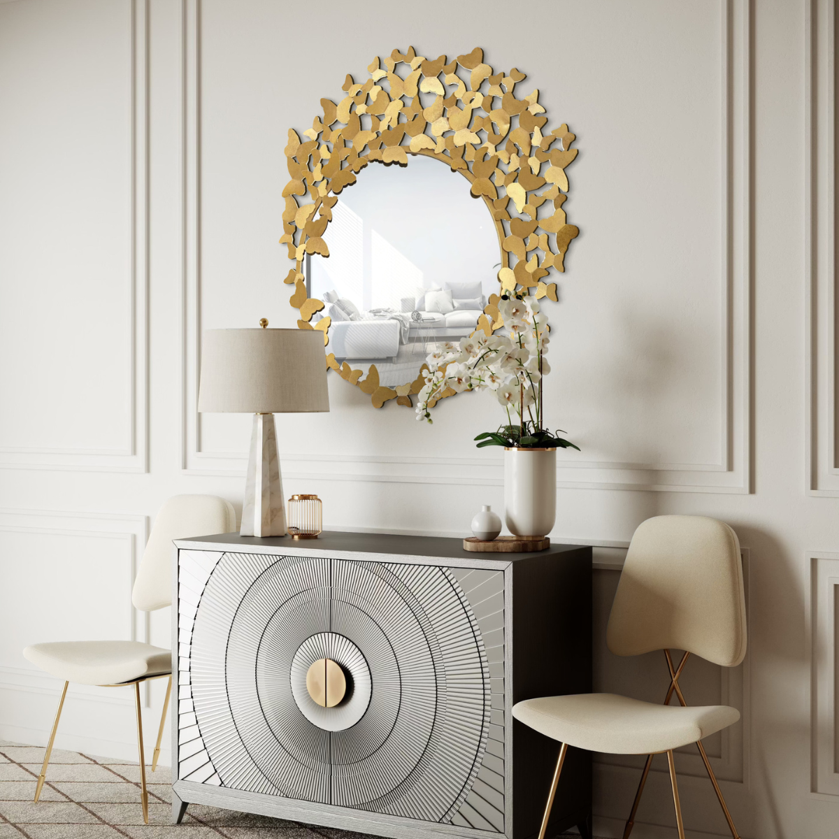 Espejo Redondo Decorativo Dorado con Marco de Mariposas 90×90 cm