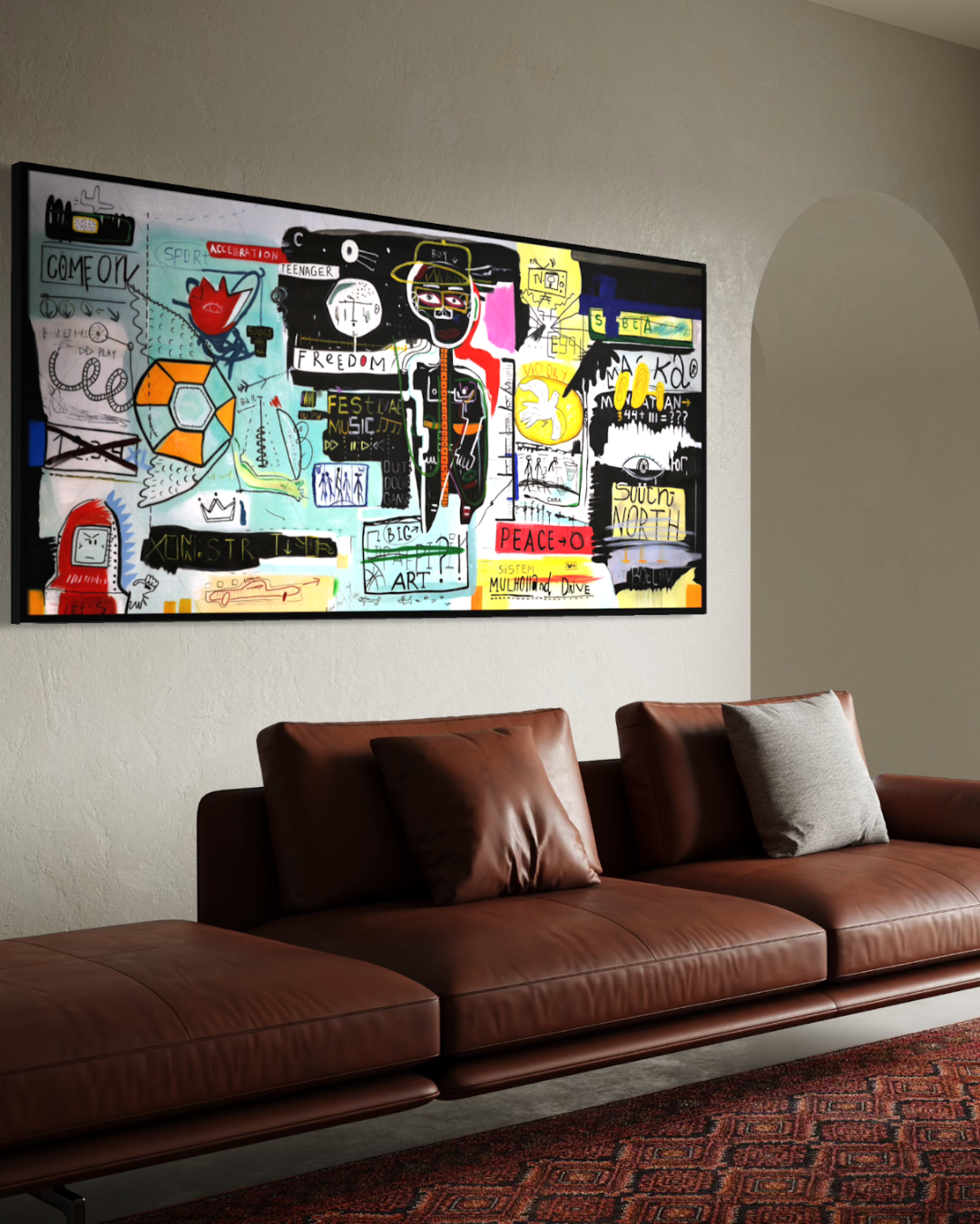 ÓLEO XXL FIGURATIVO CABEZAS Y NOTAS FONDO COLORES 200X100
