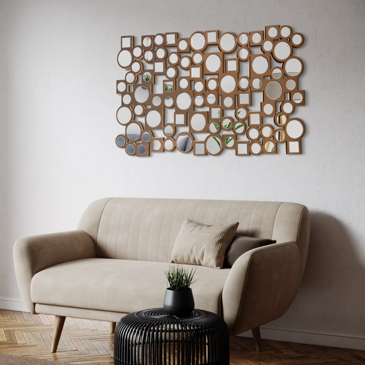 Espejo Decorativo Cobre  80×120 cm con Círculos y Cuadrados Espejados