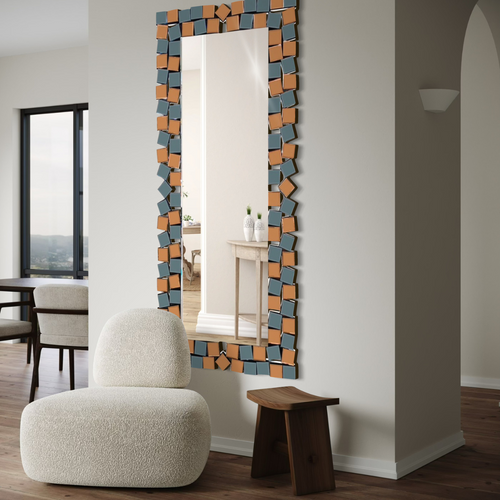 Espejo Decorativo Rectangular Marco Geométrico Bicolor Cobre Plata 80×180 cm - imagen 1