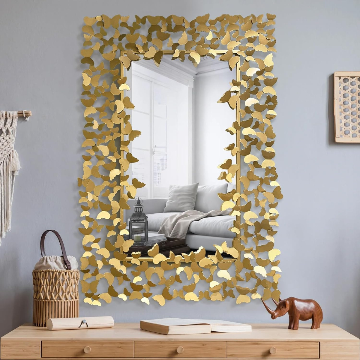 Espejo Decorativo Rectangular 80×120 cm con Marco de Mariposas Doradas