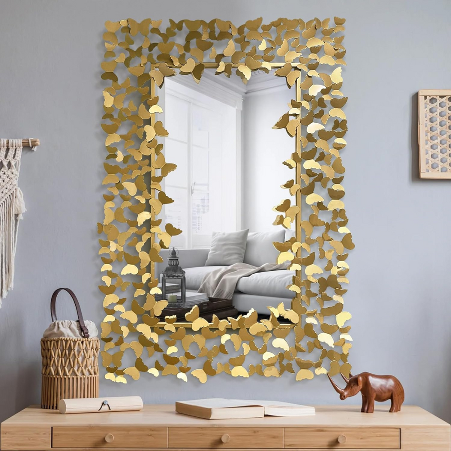 Espejo Decorativo Rectangular 80×120 cm con Marco de Mariposas Doradas