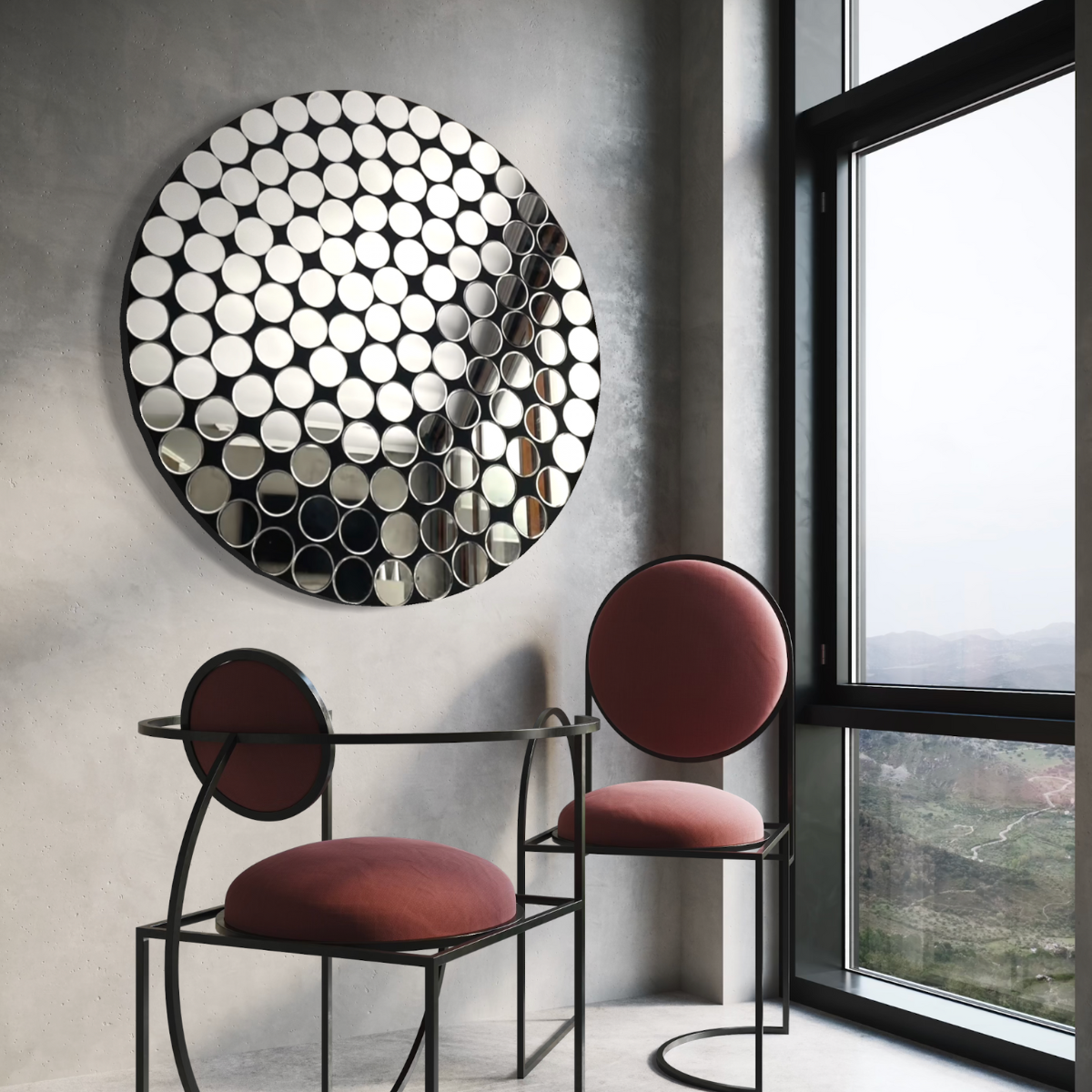Espejo Redondo Decorativo 90×90 cm con Diseño de Círculos Espejados