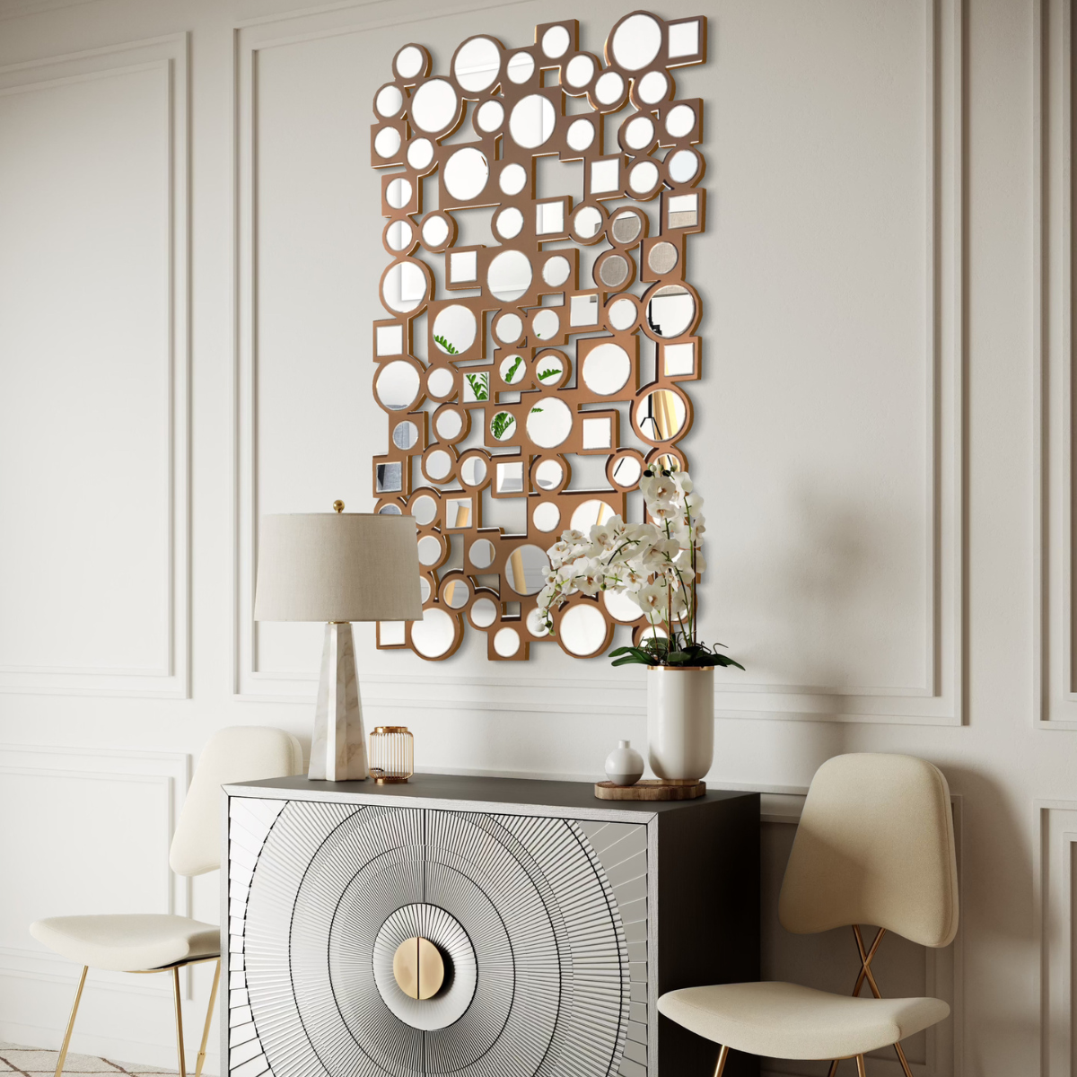 Espejo Decorativo Cobre  80×120 cm con Círculos y Cuadrados Espejados