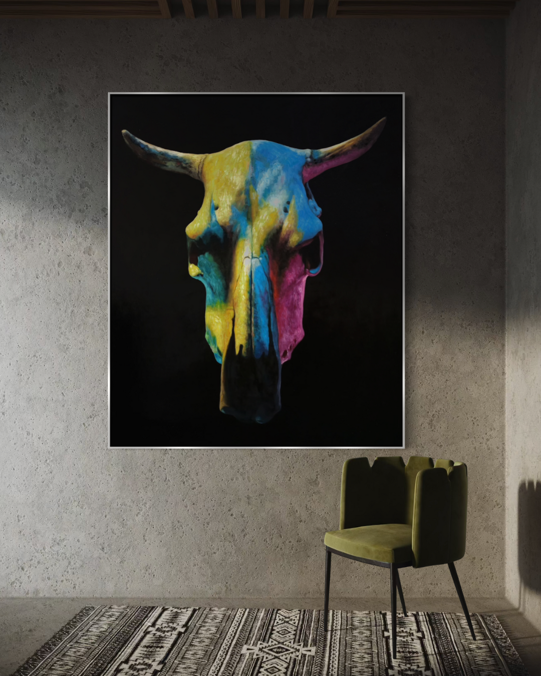 ÓLEO XXL FONDO NEGRO CRANEO TORO 150X180