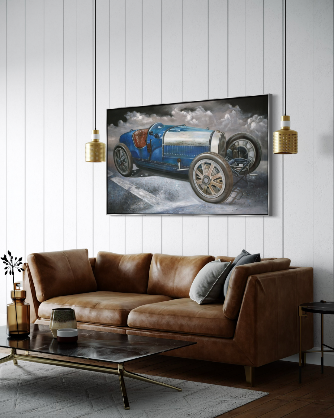 ÓLEO L AUTO CARRERA AZUL VINTAGE 150 X 90