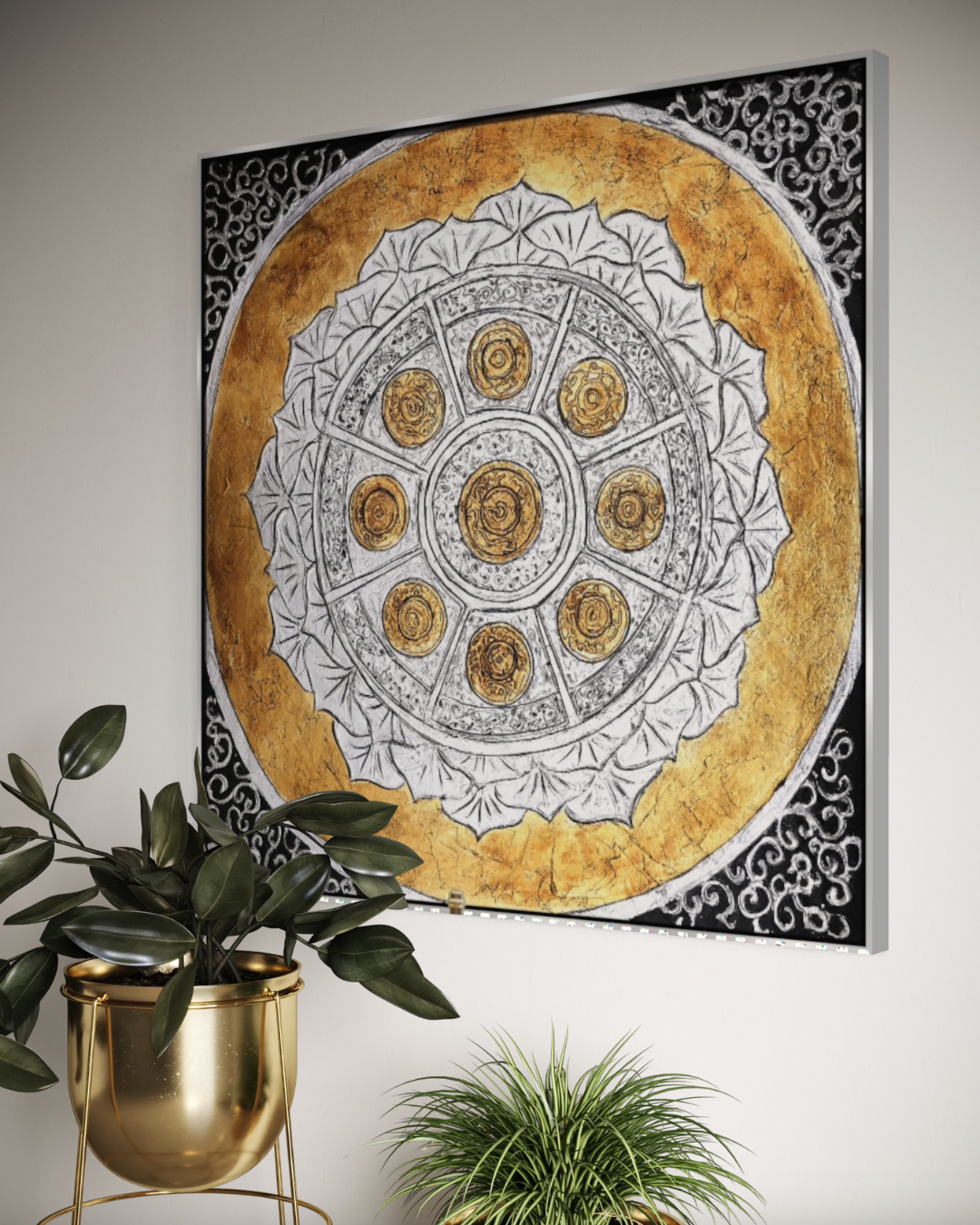 ÓLEO L FIGURATIVO SÍMBOLOS DORADOS Y BLANCOS 120X120
