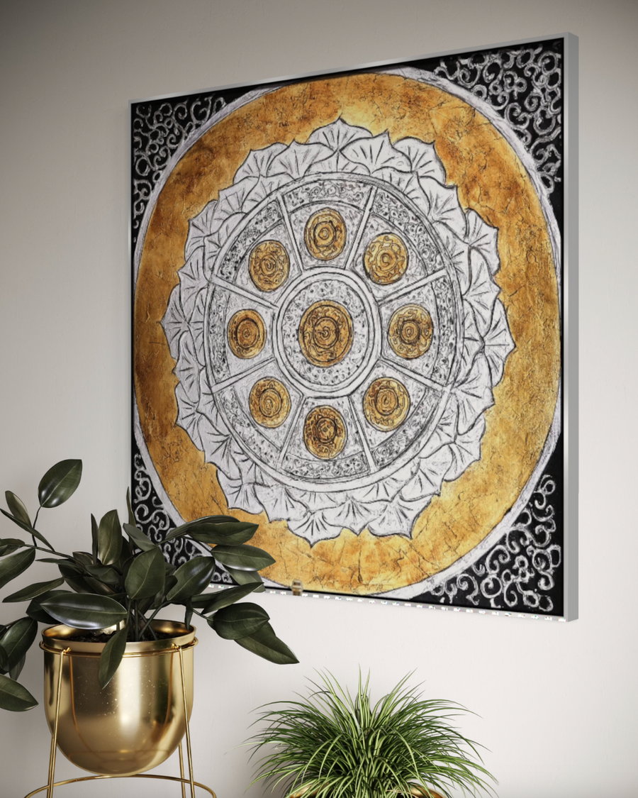 ÓLEO L FIGURATIVO SÍMBOLOS DORADOS Y BLANCOS 120X120