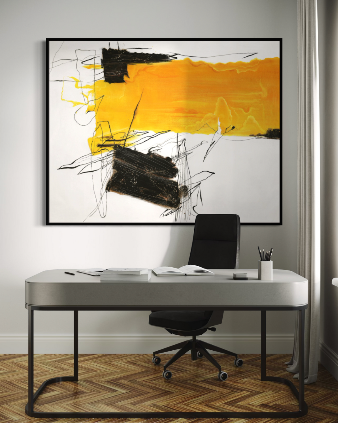 ÓLEO L ABSTRACTO AMARILLO Y NEGRO 120X150