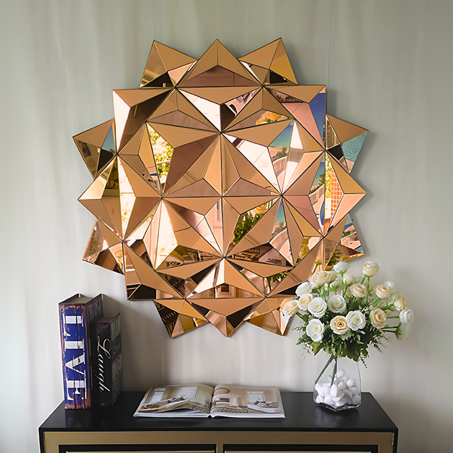 Espejo Decorativo Redondo 90x90 cm Diseño Geométrico de Triángulos Cobre