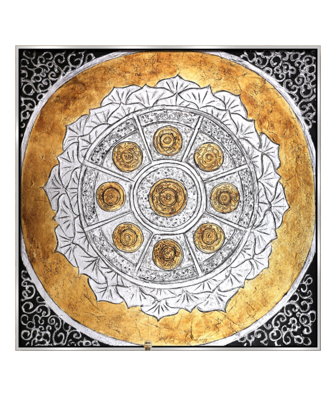 ÓLEO XL FIGURATIVO SÍMBOLOS DORADOS Y BLANCOS 150X150