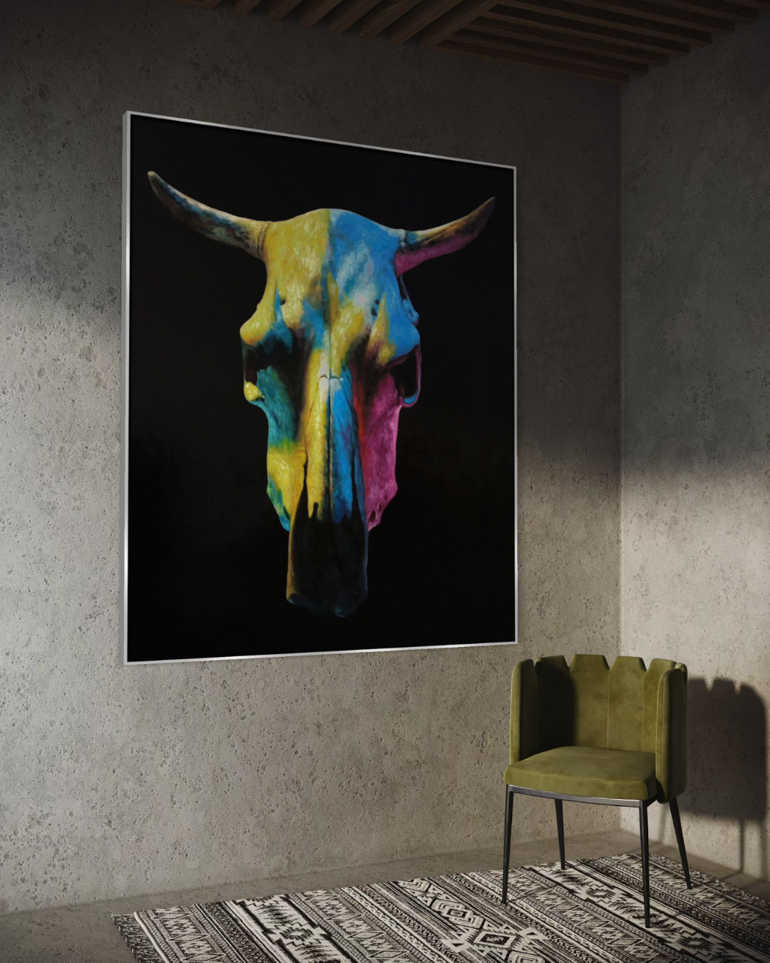 ÓLEO XXL FONDO NEGRO CRANEO TORO 150X180