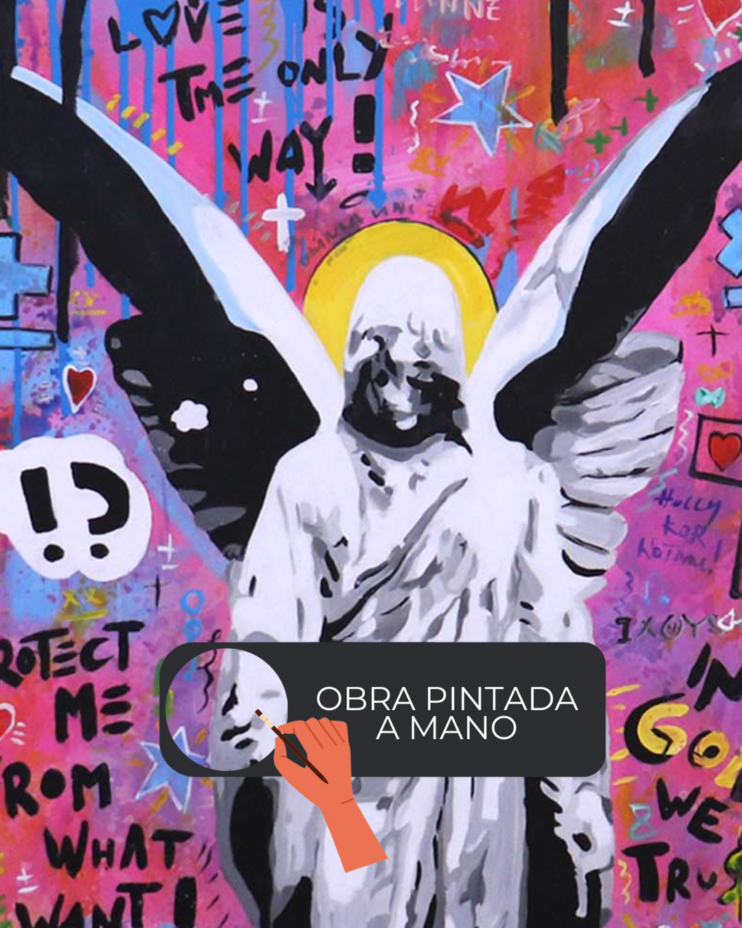 ÓLEO ÁNGEL CON FONDO ABSTRACTO 90X150