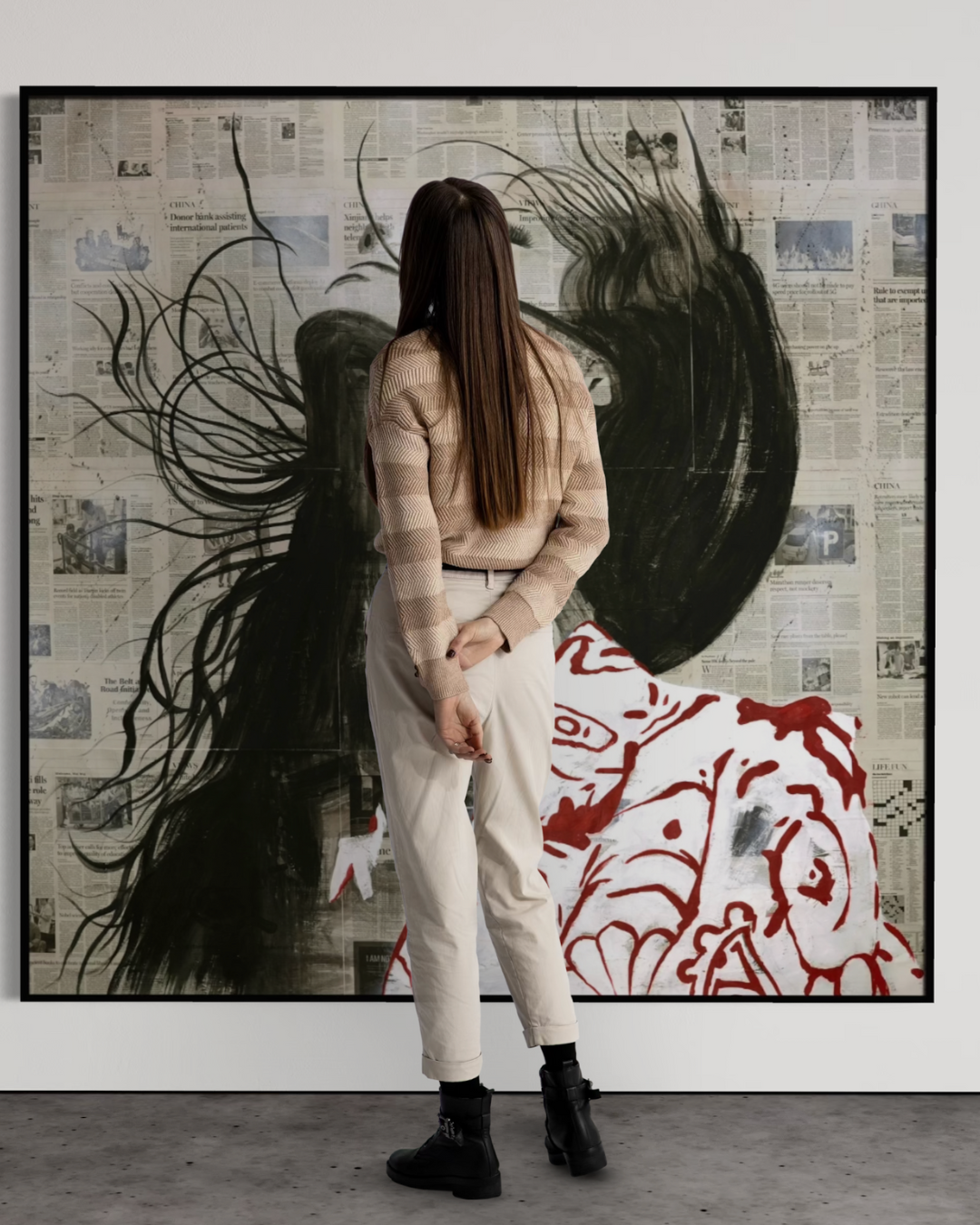 ÓLEO XXL MUJER AGITANDO EL PELO 180X180