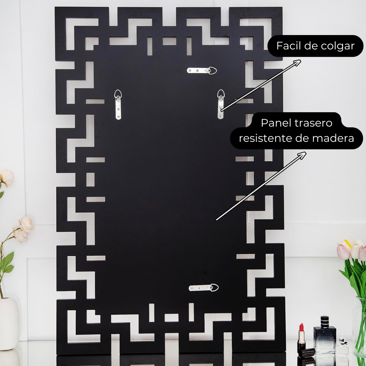 Espejo Rectangular Decorativo 80×120 cm con Marco Geométrico Cobre