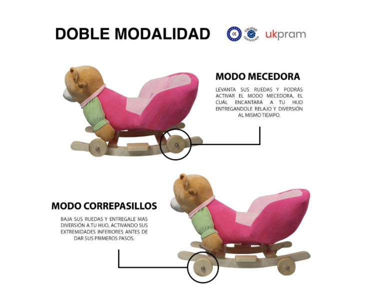 Balancin Silla Mecedora Madera Oso Rosado