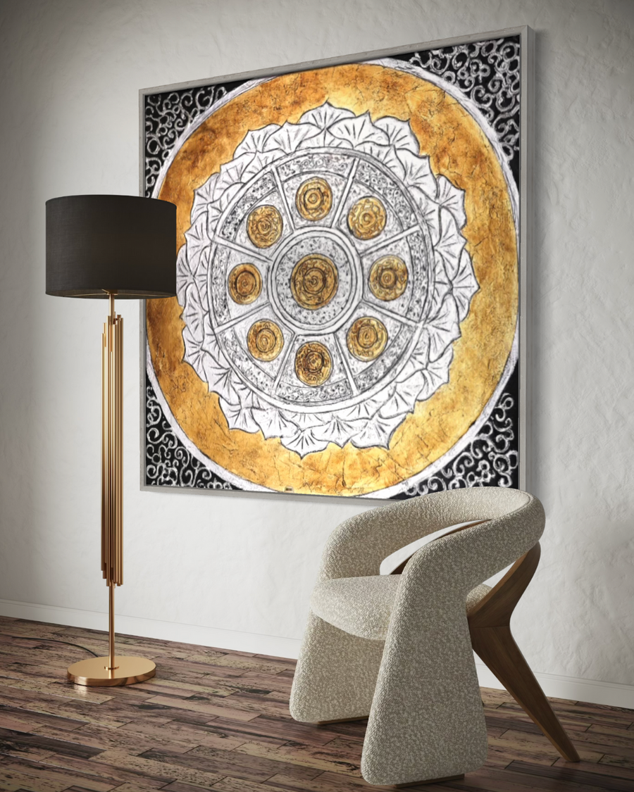 ÓLEO XL FIGURATIVO SÍMBOLOS DORADOS Y BLANCOS 150X150